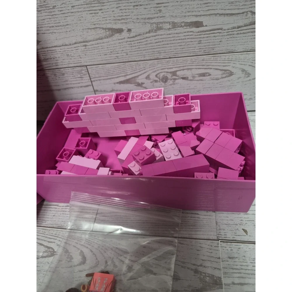 Pink Lego Bricks Container And 2 Figures